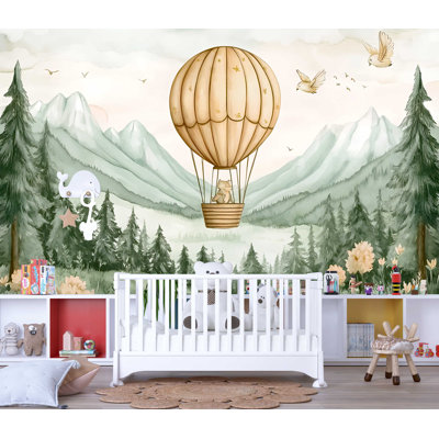 Papier peint ours en montgolfière - Montagnes et forêt paisibles à l'aquarelle - Papier peint pastel doux pour chambre de bébé