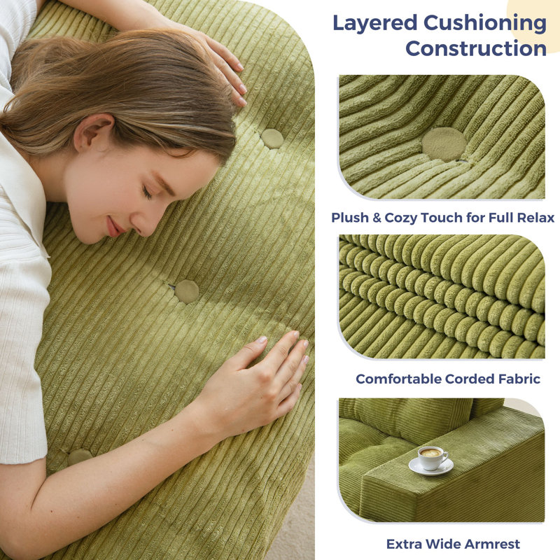 79" Modern Corduroy Upholstered Sofa with Two Pillows Included, 35.4"D x 79"W x 15.7"H, Green