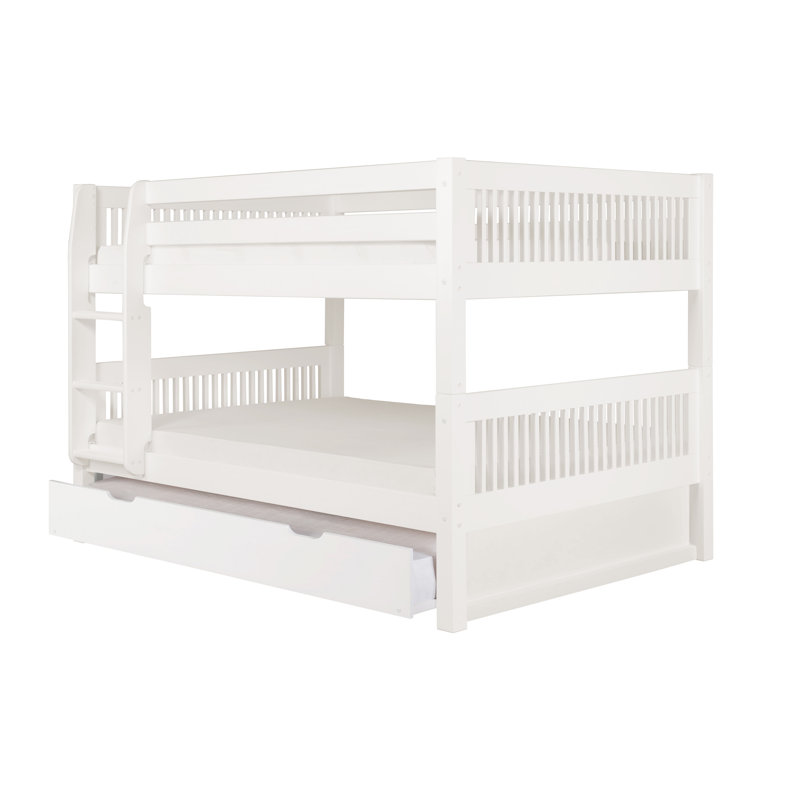 Lit superposé standard en bois massif avec lit gigogne Fradin, Blanc, Lit superposé double sur double