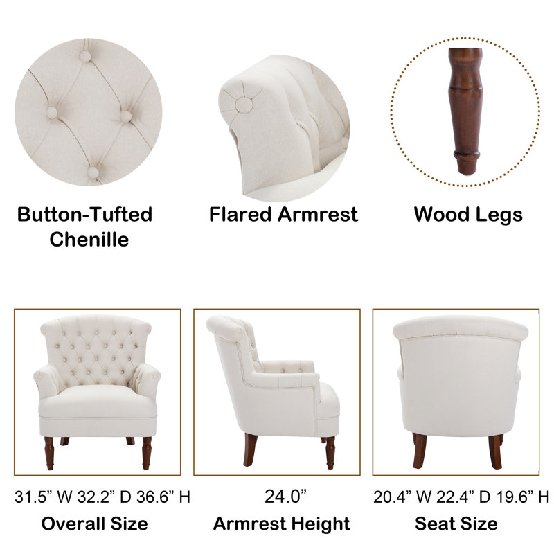 31.5" Wide Tufted Chenille Armchair with Wooden Legs, Beige
