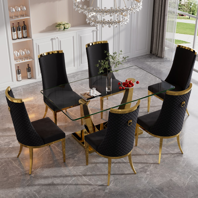Ensemble de salle à manger à piédestal en verre trempé avec dossier haut, 5, Noir et or, Doré