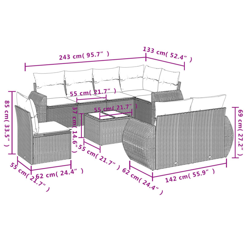  Ensemble de canapé de jardin modulaire en rotin PE 9 pièces beige, Beige