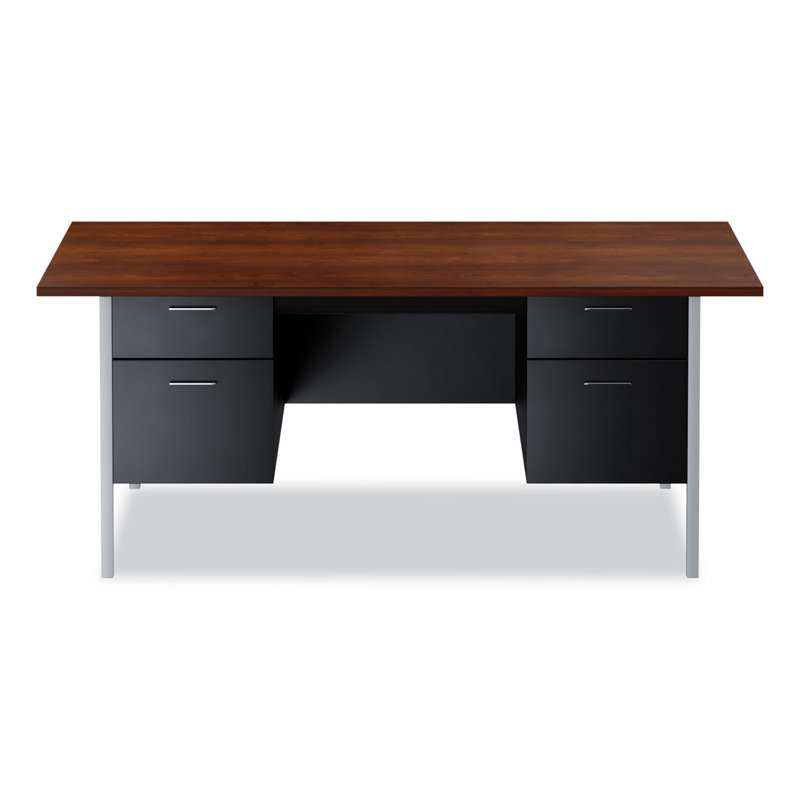 Walnut and Black Executive Desk with Filing Cabinets and Drawers