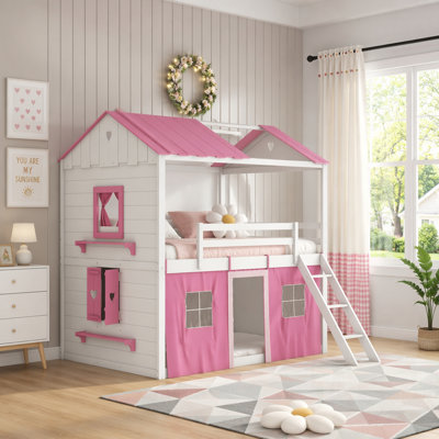 Lit superposé en bois avec élégantes fenêtres, rebords et tente, parfait pour jouer et dormir