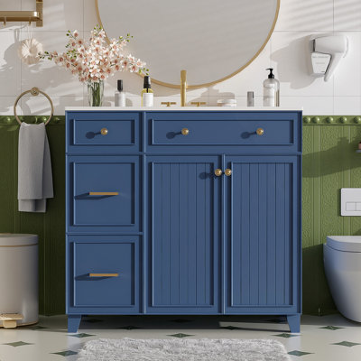 Meuble-lavabo moderne avec lavabo en céramique, plusieurs tiroirs, tablettes réglables, portes à fermeture douce, idéal pour les petites et moyennes salles de bain