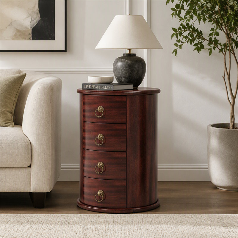 Table de bout en bois, table d'appoint ronde avec 4 tiroirs (aucun assemblage requis)
