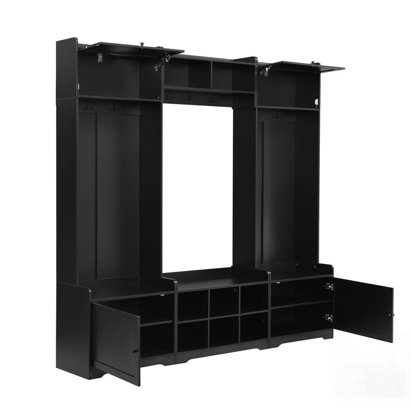 Wide Modern Hall Tree With Shoe Storage, 4-In-1 Entryway Bench With 8 Cubbies, 7 Coat Hooks & Adjustable Shelf For Hallway, Living Room