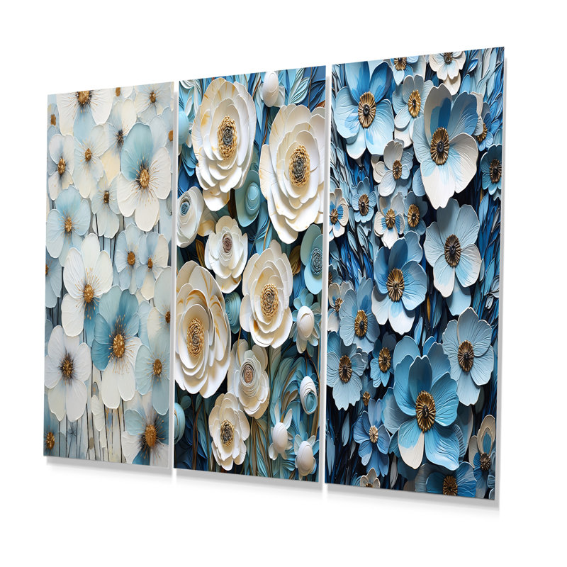 Bleu et blanc, minimalisme, pensées, jardin, zen - pensées, art mural en métal, ensemble de 3, H 28 po x l 36 po