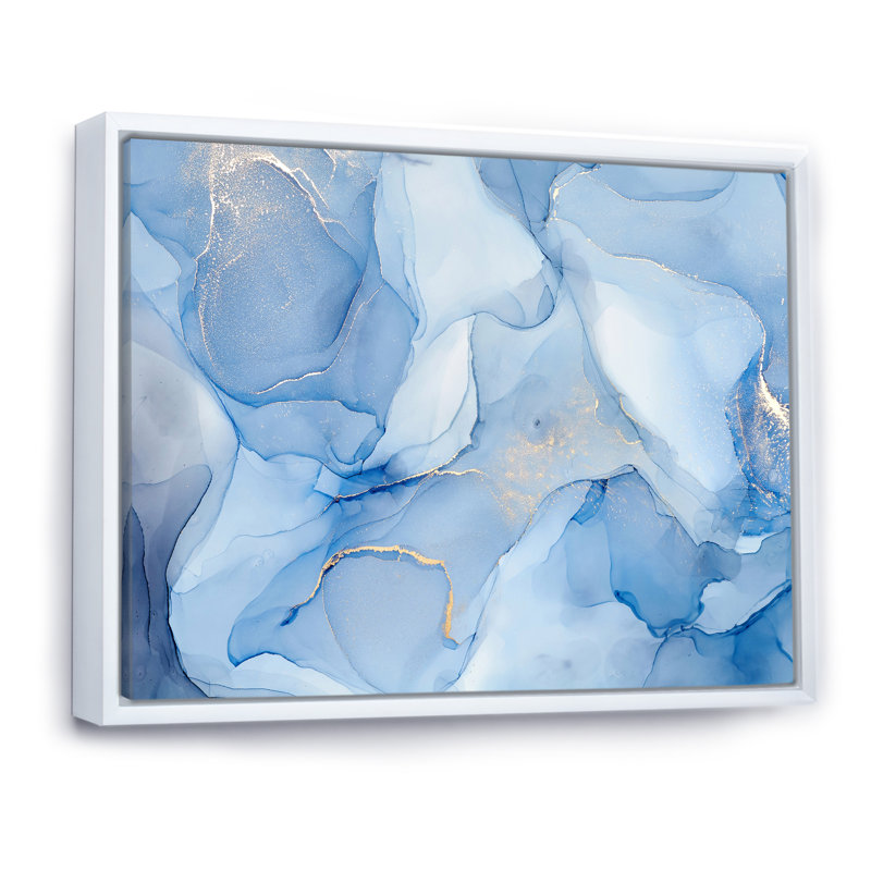 Encre liquide dans des tons de bleu clair I - Peinture sur toile, H 16 po x l 32 po x P 1 po, Cadre flottant blanc