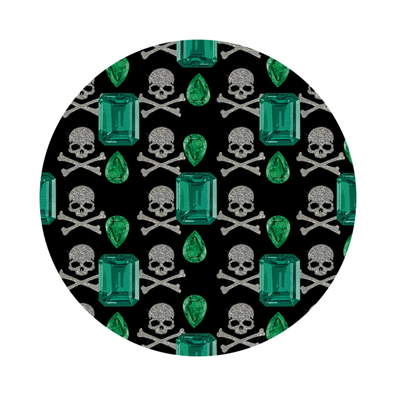 Gem Emeralds Skull Black Vegan Leather Round Coasters, Black