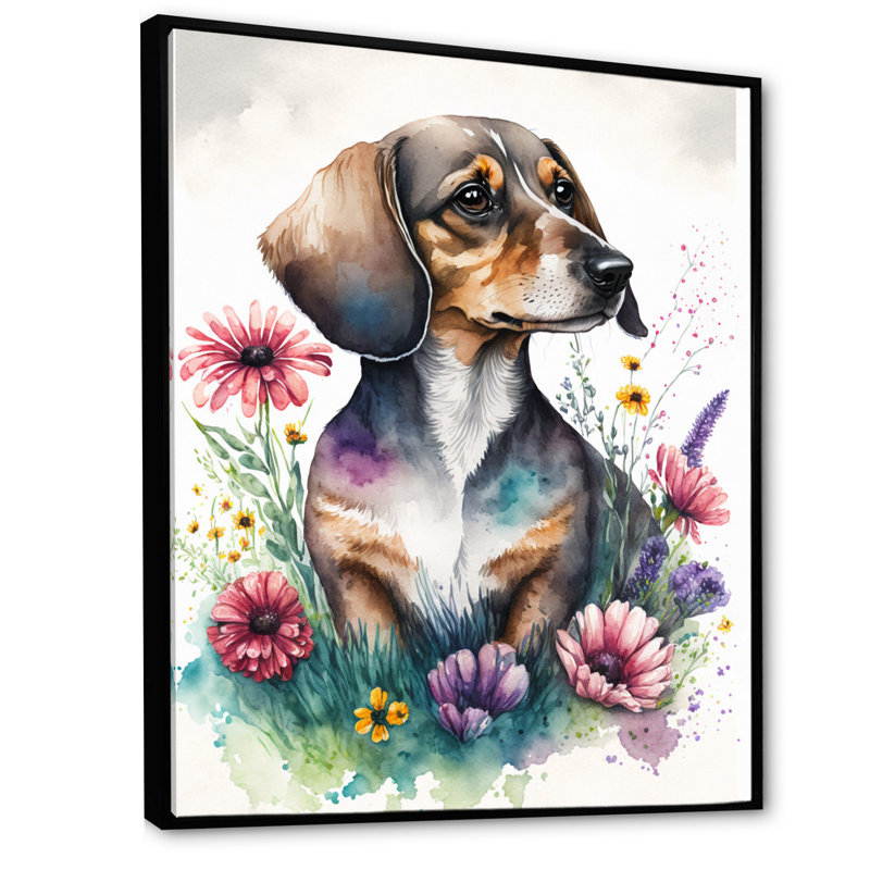 Teckel entouré de fleurs I - reproduction sur toile, L 16 po x H 32 po, Toile avec cadre flottant noir