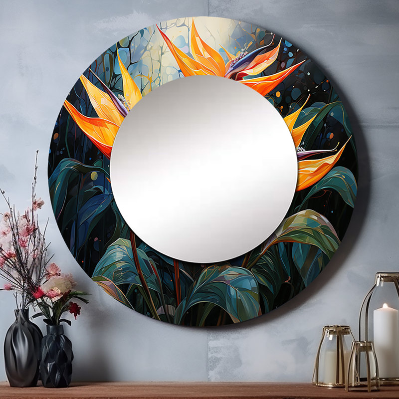 Birds Of Paradise Paradise IV - miroir mural décoratif oiseaux, paradis rond, art imprimé en métal, 29 po x 29 po