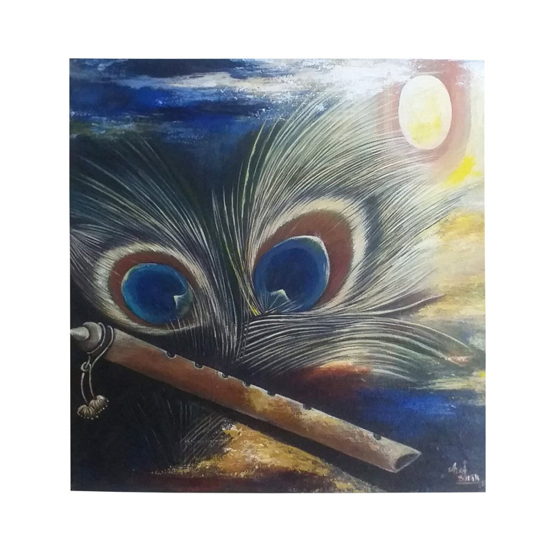 La flûte de Krishna avec Morpankh | Acrylique sur toile | Par Alka Sengar