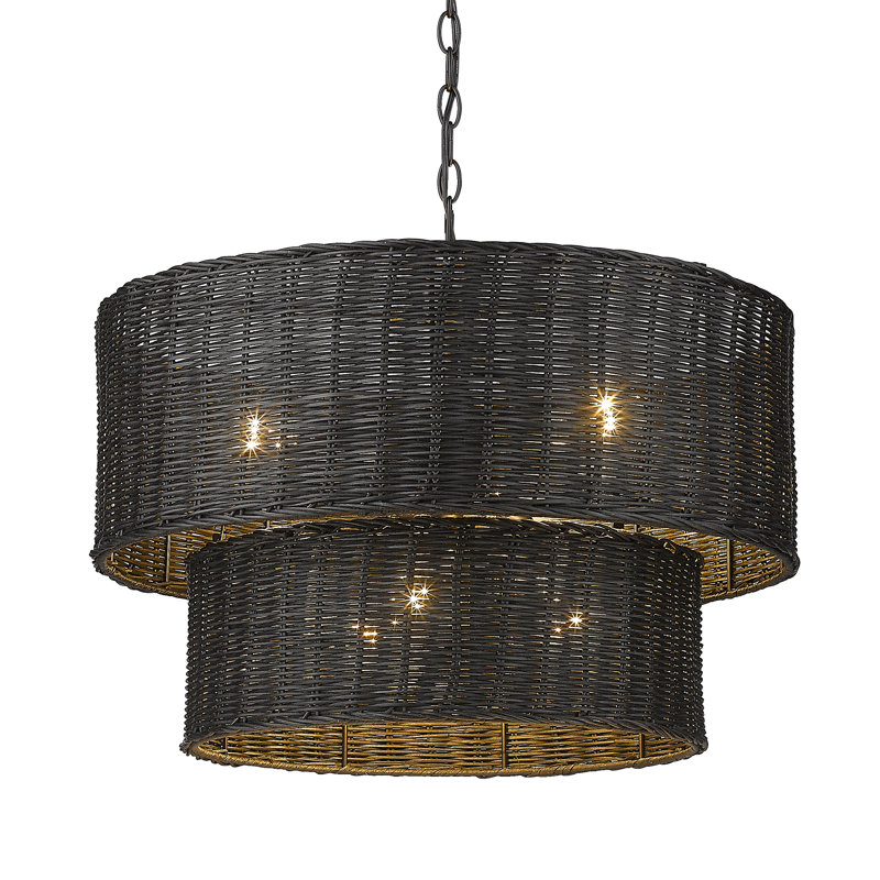 Cuthmore 6-Light Steel Dimmable Drum Chandelier, Matte Black, Black Wicker, 6 Lights
