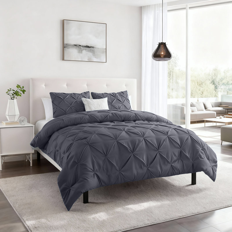 Aspire Homeware High Quality Microfiber Pintuck Design Duvet Cover With Pillowcases, Grey