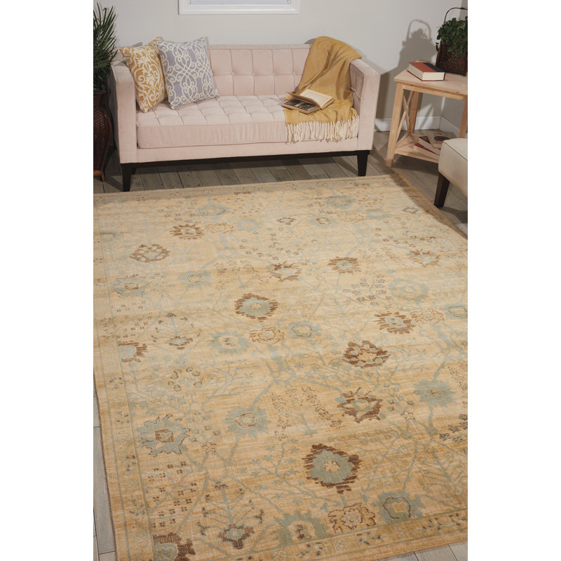 Large Beige and Blue Wool Rectangular Area Rug