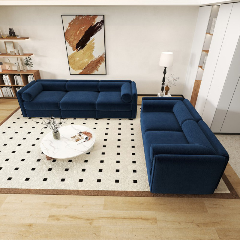 Ensemble de salon en chenille 2 pièces avec siège de rangement (2 + 3), Bleu