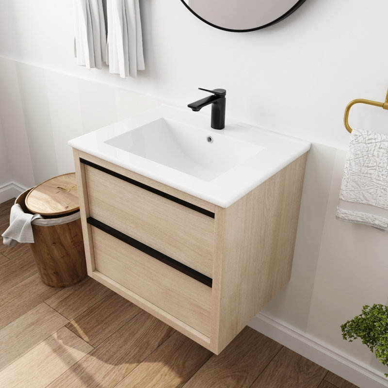 Armoire de salle de bain moderne avec 2 tiroirs et lavabo en céramique blanche - meuble-lavabo mural 24 po Bva02524plo-G-Bl9060b W1286s00034