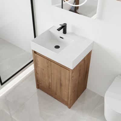 Quarnar 24'' Single Sink Freestanding Bathroom Vanity, Floor Standing Vanity With 2 Doors and White Resin Basin Sink Top