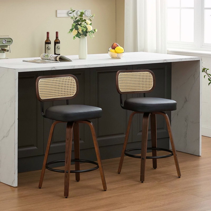 Tabouret de comptoir pivotant avec dossier en rotin de 25,6 po de hauteur Favets, Noir, 2