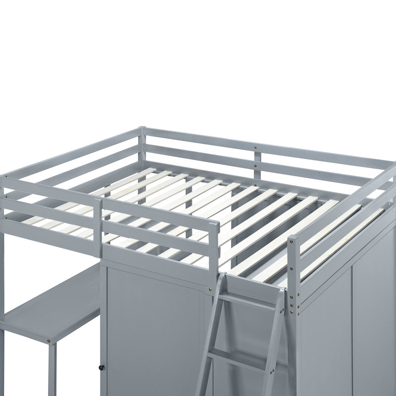 Lit mezzanine double gris avec garde-robe, bureau et tablettes