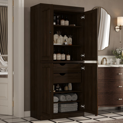 32" W x 71.5" H 100% Solid Wood Freestanding Bathroom Linen Cabinet with Doors, 2 Drawers & Adjustable Shelves – Modular Storage Organizer