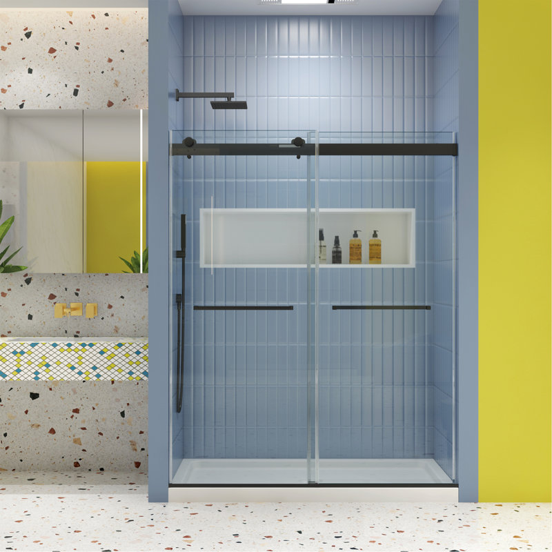 Bypass Shower Door, Sliding Door,Soft Close System, With 5/16" Tempered Glass And Matted Black Finish 6074, Matte Black