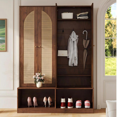 Farmhouse Mid-century 4-in-1 Hall Tree - 4 Rattan Doors, 6 Hooks, Adjustable Shelf Entryway Shoe Cabinet Bench, 55.1"w