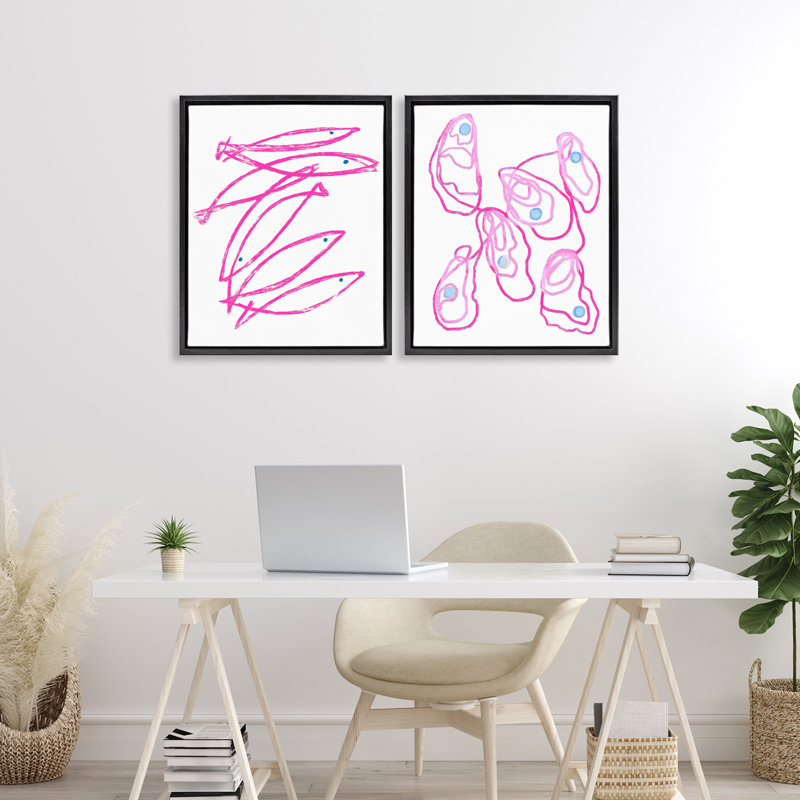 Minimal Pink Fish & Oysters 2pc Floating Frame Set, design by Lil' Rue, 21" H x 17" W, Jet Black Floater Frame