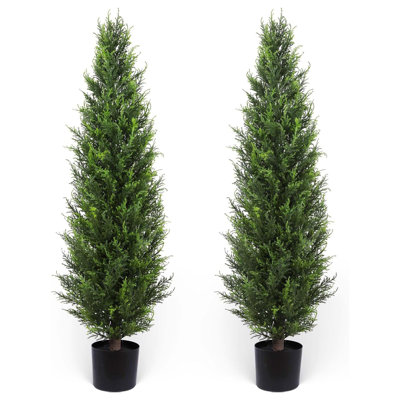 2Pcs Artificial Topiary Cedar Trees, 48 inch Faux Pine Shrubs Plants, Fake Tree Look Real, Easy Assembly for Decor Front Porch Outdoor Patio Garden Balcony Backyard Indoor Office