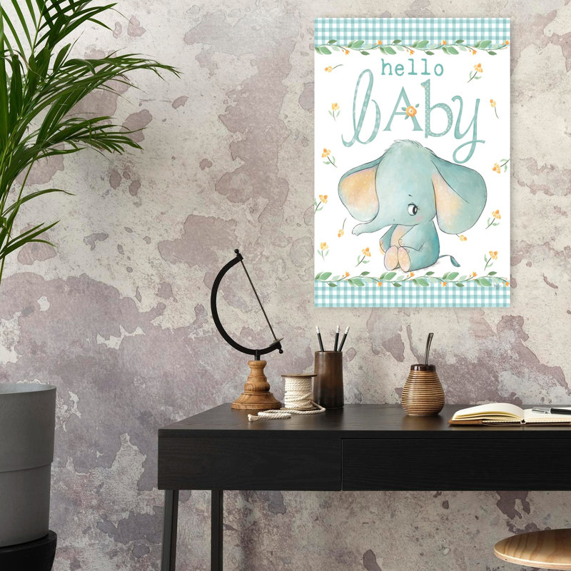 Hello Baby Elephant Blue by Mollie B. - 1 Piece Wrapped Canvas Wall Art, 60.96cm H x 40.64cm W