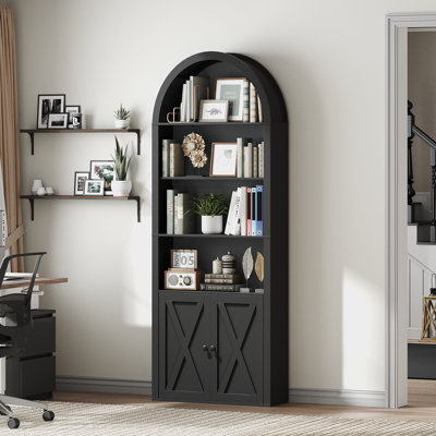 6-Tier 70.87" Tall Bookshelf Farmhouse Arched Bookcase With Cabinet