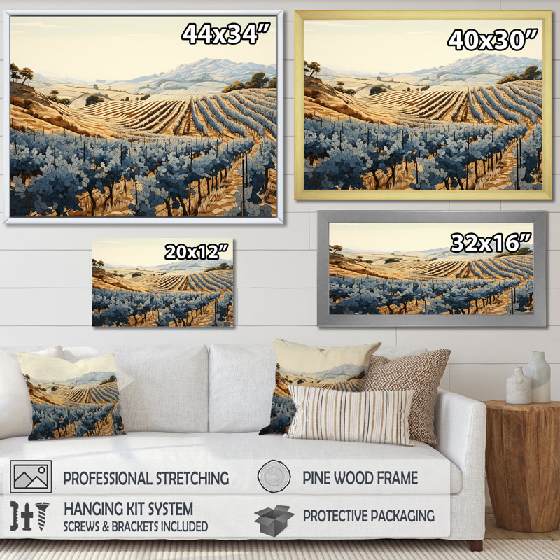 Minimalisme vignoble sur toile de fond, H 30 po x l 40 po x P 1,5 po, Cadre flottant doré