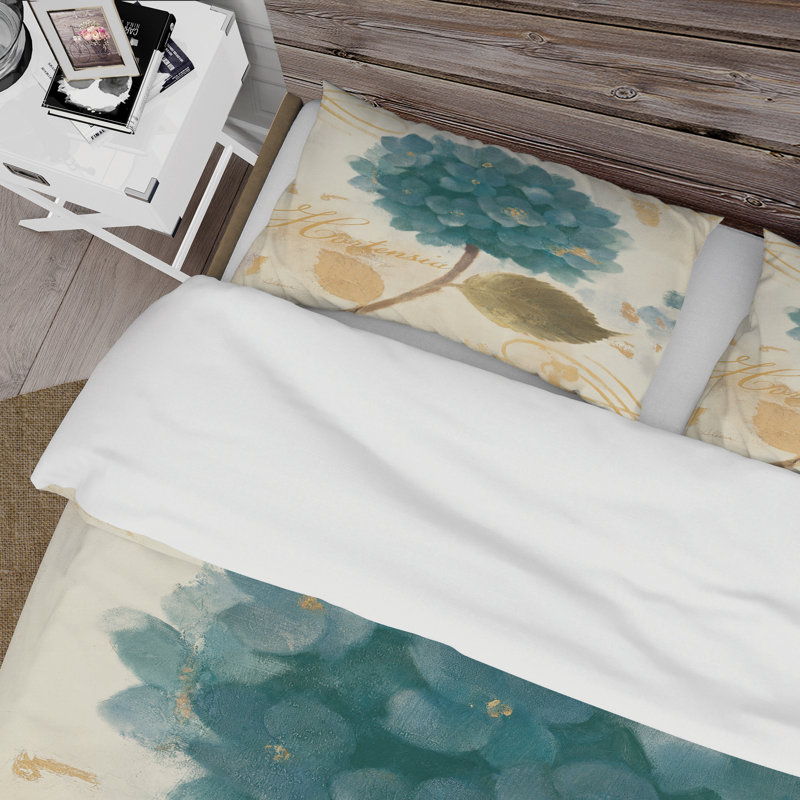Ensemble de housse de couette hortensia fleur i abondante, Housse simple + 1 taie décorative, Beige / vert