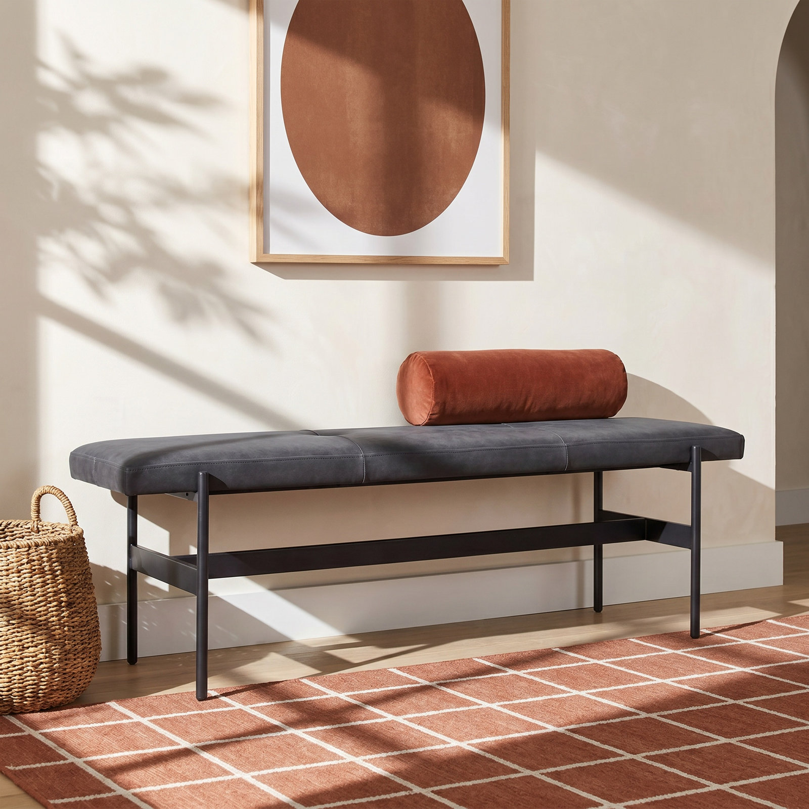 Daybench Genuine Leather Bench, Ink Genuine Leather, Oblivion, 17" H x 55" W x 14" D