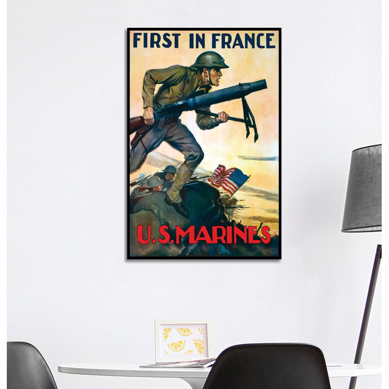 WWI Poster of Marines Charging into Battle Behind the American Flag 1 Piece Wrapped Canvas Wall Art