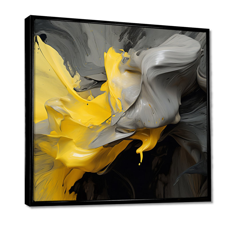 Raw Reflections Yellow Grey - art mural abstrait, H 16 po x l 16 po x P 1 po, Cadre flottant noir