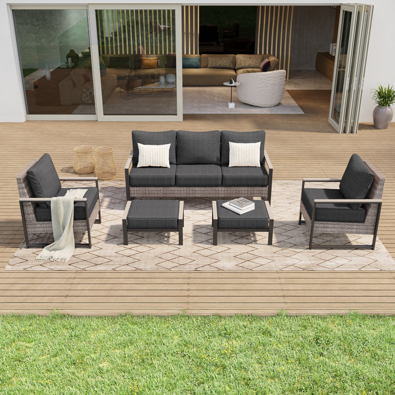 5 Piece Patio Sofa with Ottomans Set, Black Gray