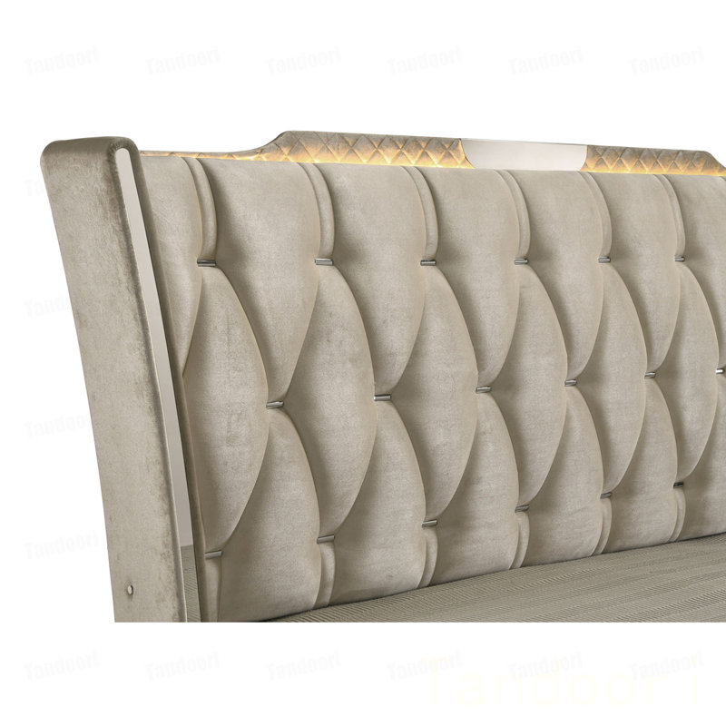 Ivory/Camel Queen LED Upholstered Wingback Bed