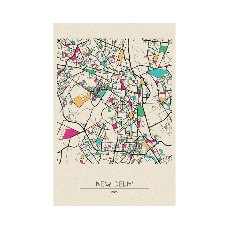Carte de New Delhi, Inde par Ayse Deniz Akerman - Toile tendue avec châssis sur toile, H 12 po x l 8 po x P 0,75 po