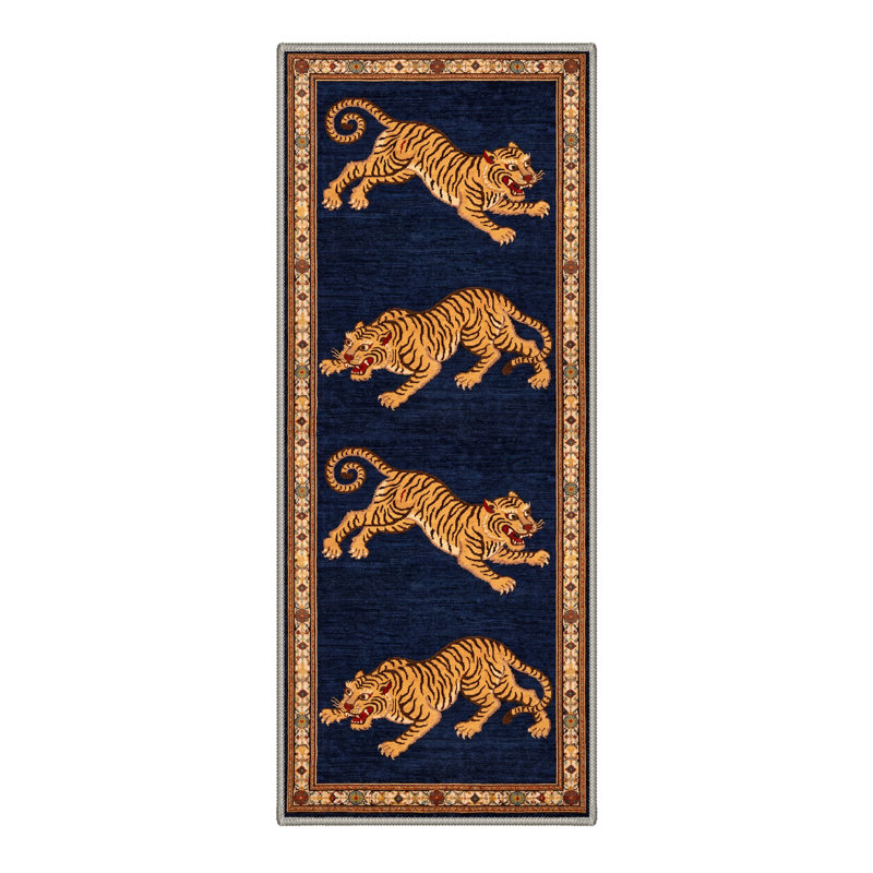 Abrahamson Tigers Geometric Machine Washable Blue / Yellow Indoor Area Rug with Non-Slip Backing, Runner 2' x 6'