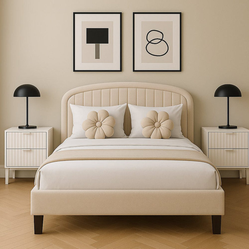 Aleighana Upholstered Bed Plush Bed Frame with Head Board, Cream, Single (93 cm x 205cm)