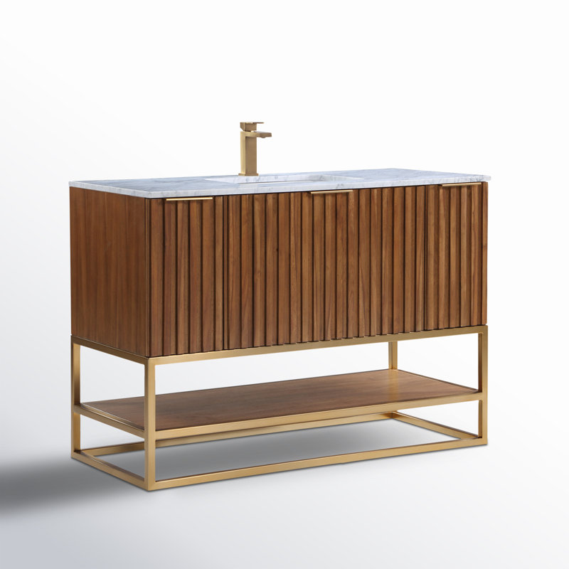 Terra 48'' W Single Vanity, Walnut, Carrara Marble/Single Faucet Mount, Satin Brass