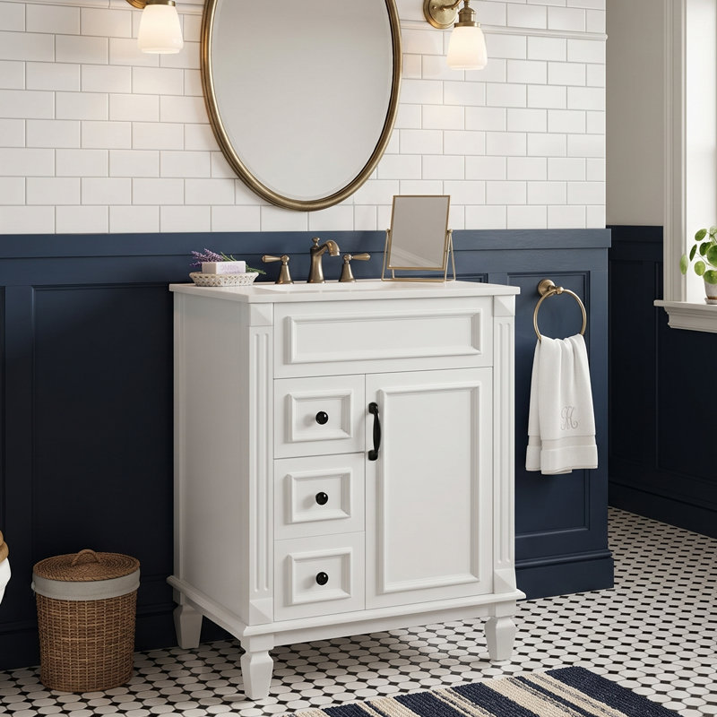 24" Free-Standing Bathroom Vanity With Ceramic Sink & Storage Cabinet With 2 Drawers & Adjustable Shelf & 1 Soft Closing Door