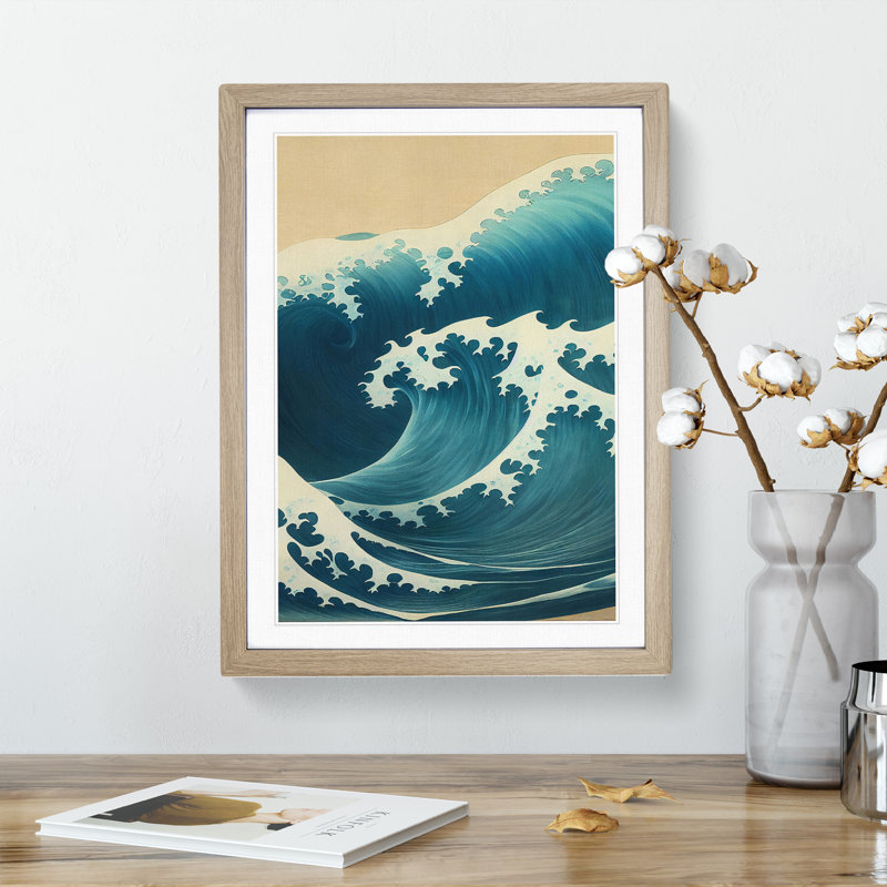 Traditional Japanese Wave No.2 - Single Picture Frame Painting, 34cm H x 25cm W x 2cm D, Oak Framed