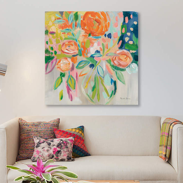 « summer orange floral », impression sur toile, H 26 po x l 26 po x P 1,5 po