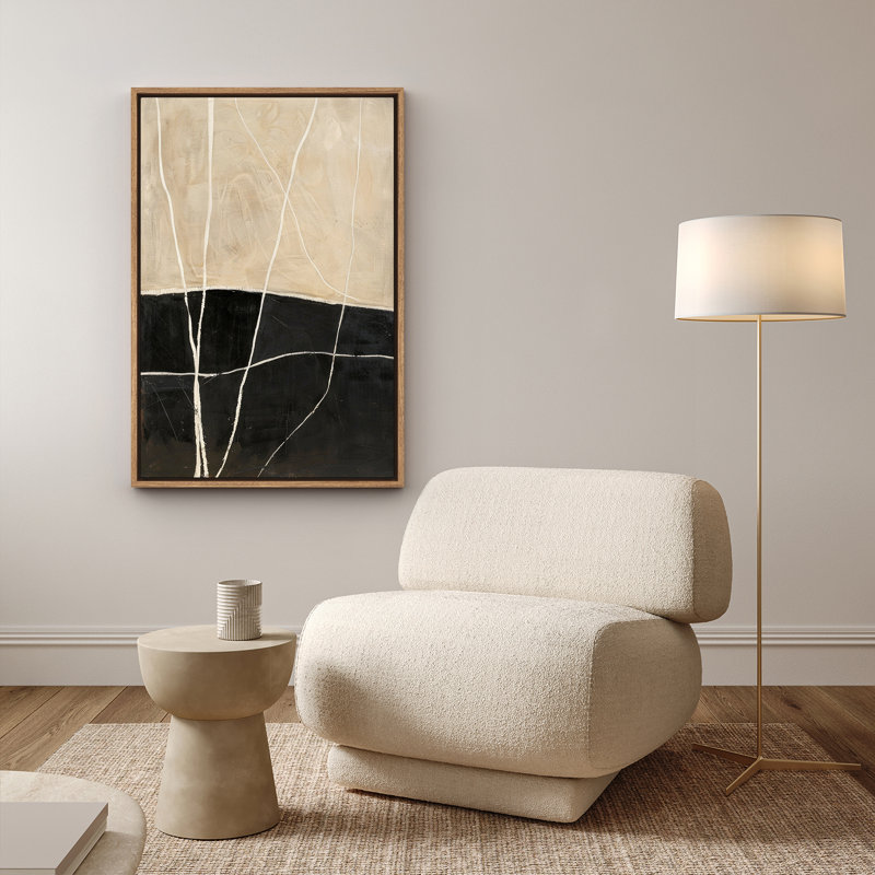 «Neutral Minimalist Landscape Line Abstract Beige Black Contemporary Calm», reproduction d'art encadrée, H 36 po x l 24 po