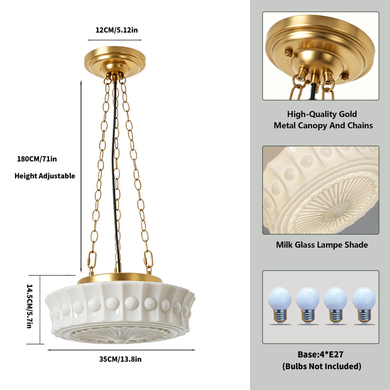 Milk Glass Pendant Light, Gold Chain,  Beige