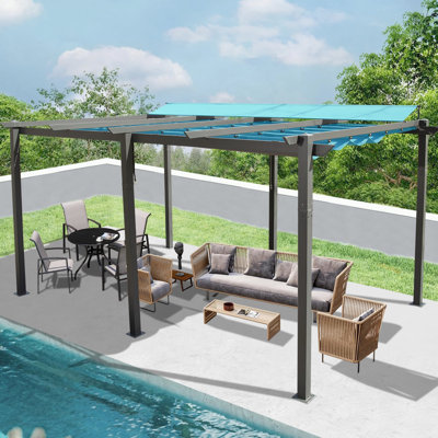 11 X 16 Ft Outdoor Pergola In Lake Blue. Aluminum Material. Water-Repellent Canopy. Retractable Sunshade Feature. Easy Assembly Required. Suitable For Courtyard, Lawn, Pool. Living - Strong Build.