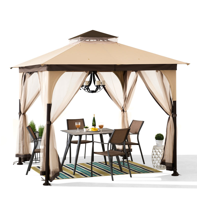 Sunjoy 9 ft. x 9 ft. Gazebo with 2-Tier Canopy Roof, Steel Frame Soft top Gazebo with Ceiling Hook and Mosquito Netting